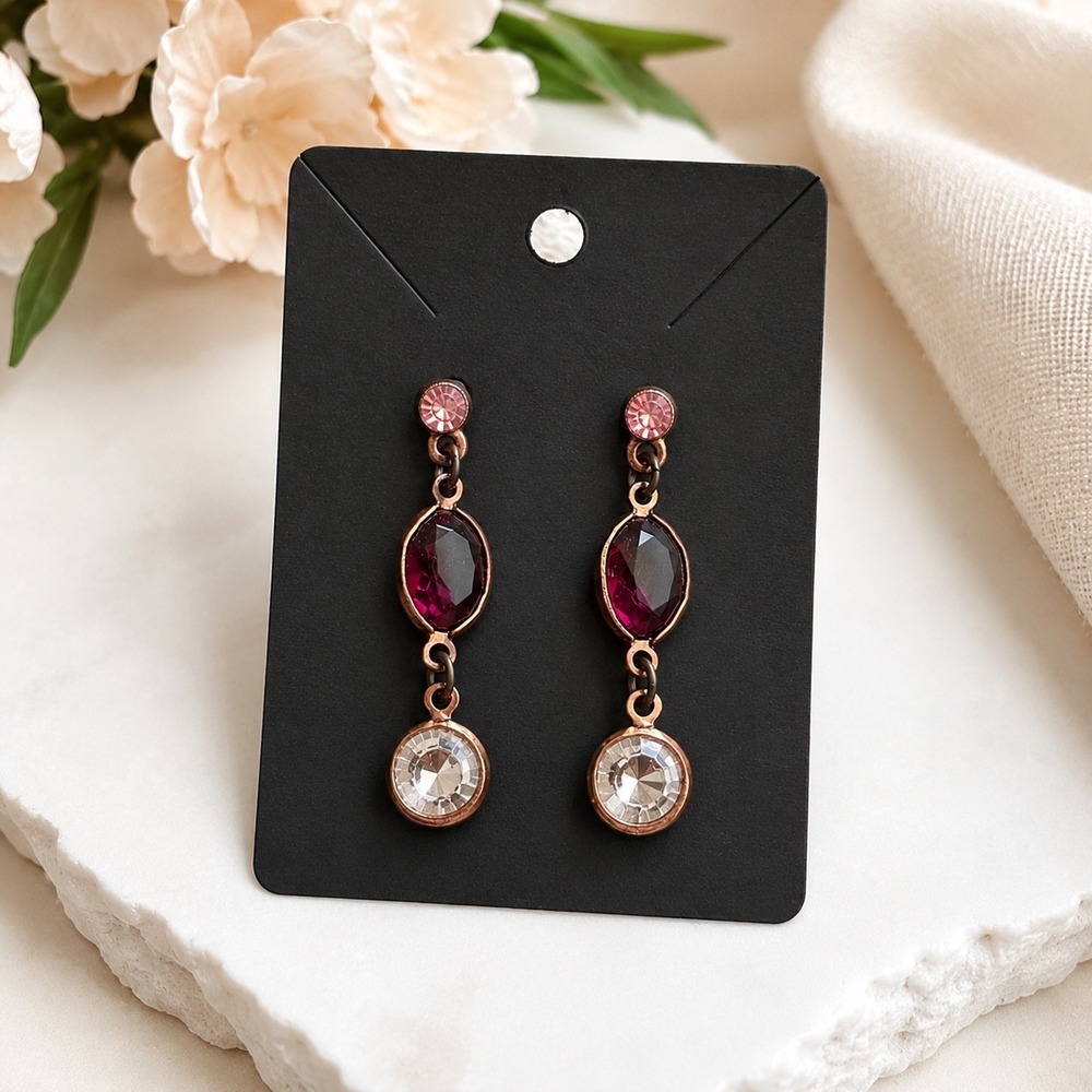 Vintage Style Copper Tone Pink & Clear Crystal Dangle Earrings 1.5"‎